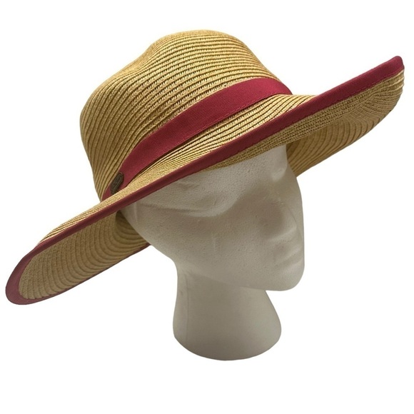 Sun N Sand French Laundry Wide Brim Backless Paper Braid With Fuchsia Ribbon Hat - Picture 1 of 8